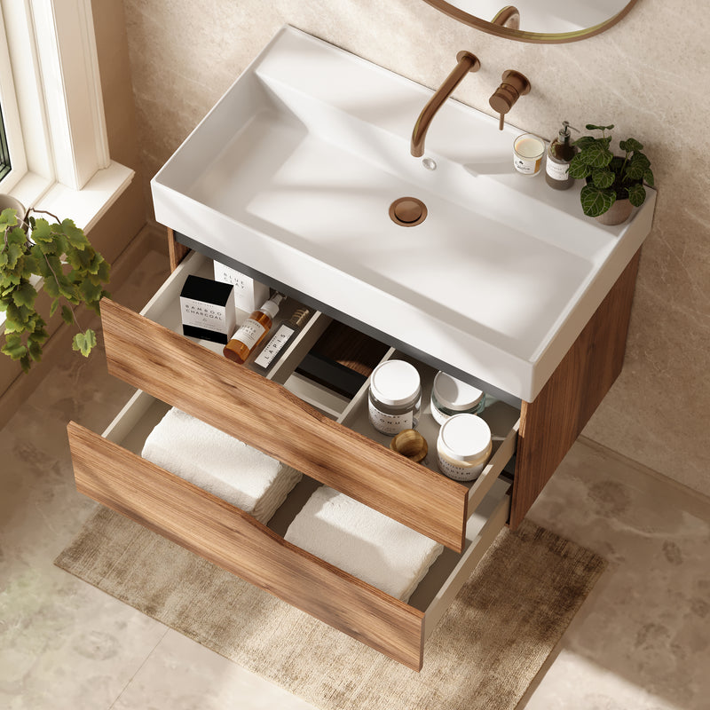 Banyetti Riva Wall Hung Vanity Unit with Veneto No Tap Hole Basin - 800mm Java Oak