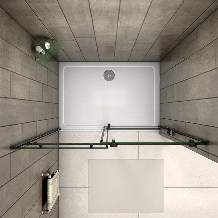Reversible black frameless sliding shower door for left or right-hand installation
