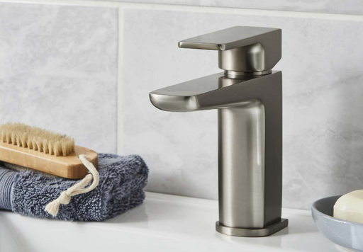 Mono basin mixer brushed nickel – front view of Kartell Kolt basin mixer tap in brushed nickel finish