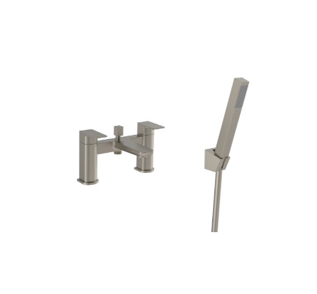 Bath shower mixer with handset – full view of brushed nickel bath filler and handset in modern bathroom