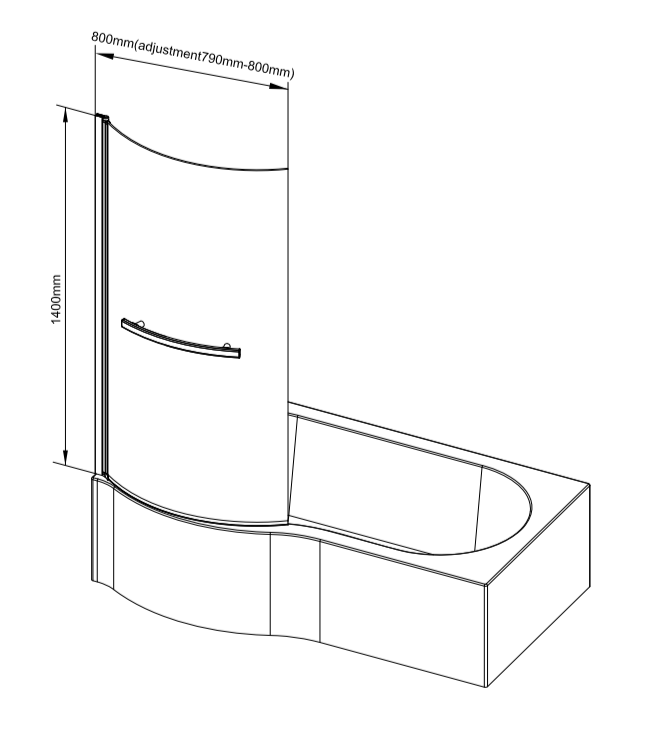ATC 800 x 1400 P Shape Curved Bath Screen with Towel Rail - Chrome