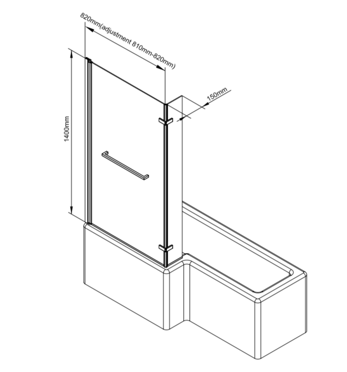 ATC 820 x 1400 L-Shape Bath Screen with Towel Rail - Chrome
