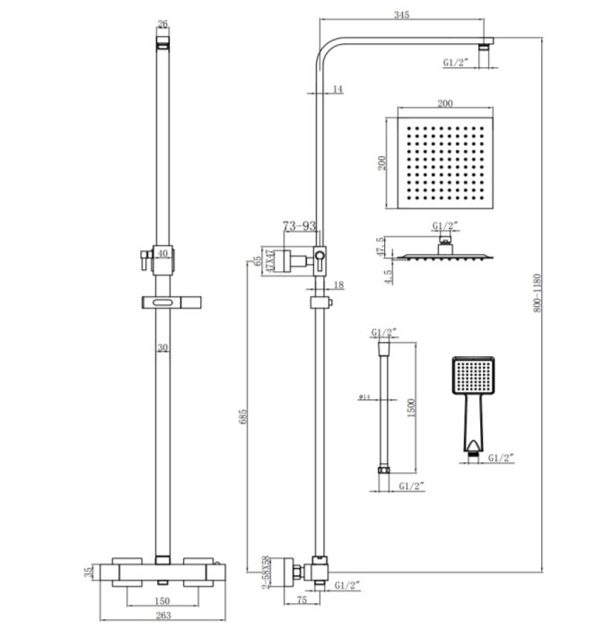ATC Verne Exposed Thermostatic Square Shower System - Black