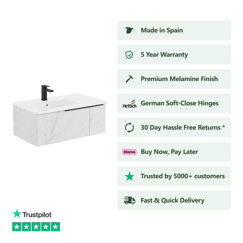 Banyetti Siena 800mm Wall Hung Vanity Unit with Matt Black Handles - Carrara Marble