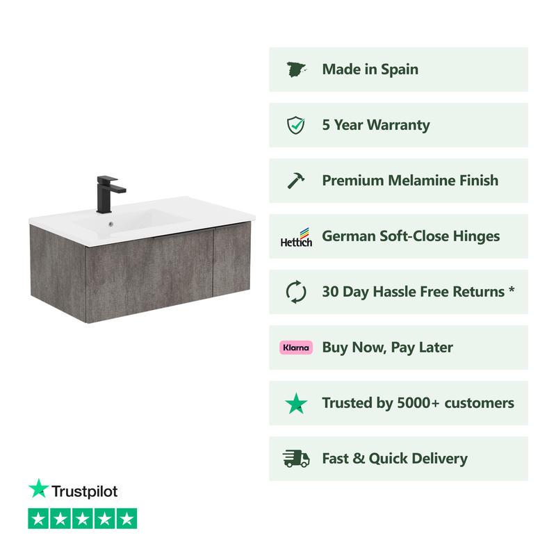 Banyetti Siena 800mm Wall Hung Vanity Unit with Matt Black Handles - Stone Grey