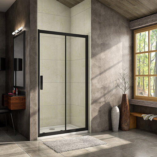 Linea black framed sliding shower doors UK with 8mm clear tempered safety glass