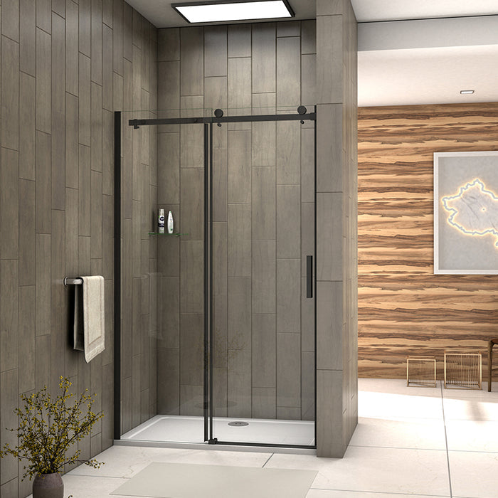 Linea black frameless sliding shower doors UK with 8mm clear tempered safety glass