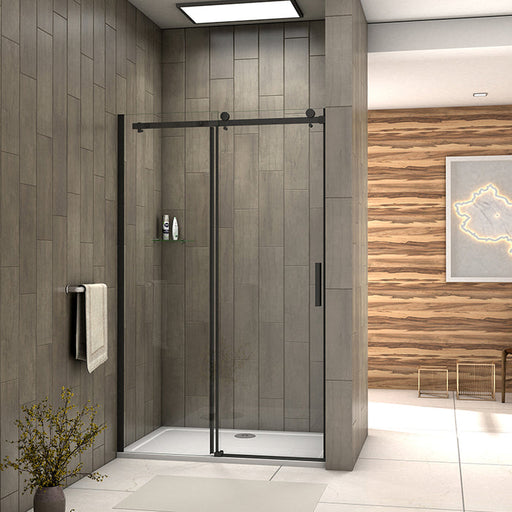 Linea black frameless sliding shower doors UK with 8mm clear tempered safety glass