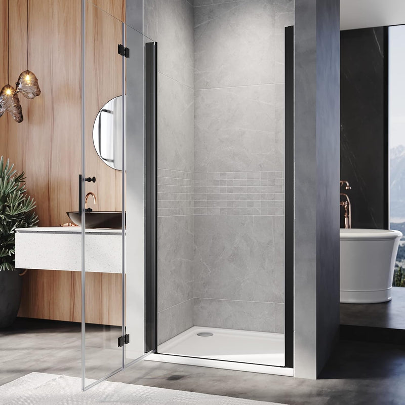 Smooth folding mechanism on black frameless bifold shower door