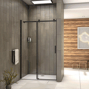 Black frameless sliding shower door shown open with smooth sliding action