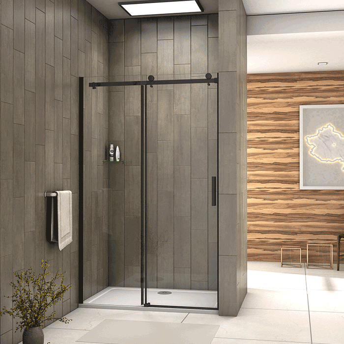 Black frameless sliding shower door shown open with smooth sliding action