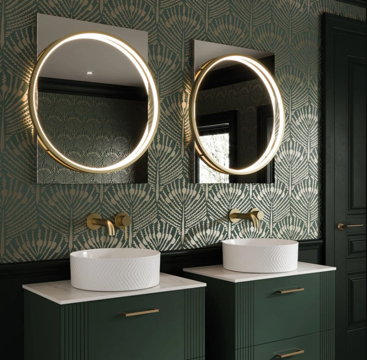 HIB Solas 700 x 500 Round Illuminated Bathroom Mirror - Brushed Brass