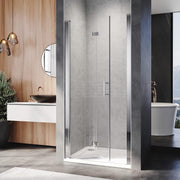 Frameless bifold shower door shown folded open for space-saving bathrooms