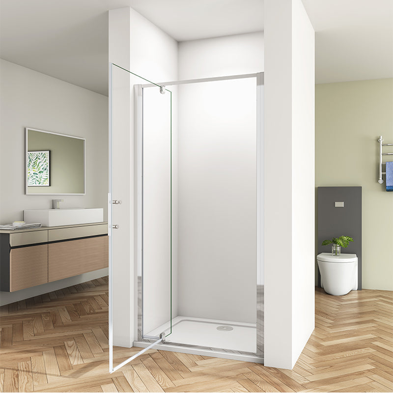 Chrome framed pivot shower door shown open for easy bathroom access