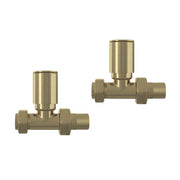 Dual fuel heating kit brushed brass – full kit laid out with heating element, straight valves and T‑piece adaptor in brushed brass finish