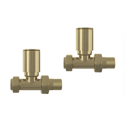 Dual fuel heating kit brushed brass – full kit laid out with heating element, straight valves and T‑piece adaptor in brushed brass finish