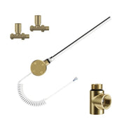 Dual fuel heating kit brushed brass – product size variant view (e.g., 600 W / 1600 mm length) with straight valves in brushed brass finish