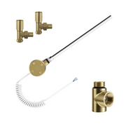 Dual fuel heating kit brushed brass – installed on wall with towel radiator showing brushed brass valves and dual fuel kit integration