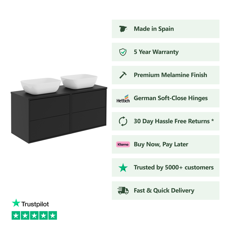 Banyetti Venti Wall Hung Vanity Unit with Matching Worktop - 1200mm Matt Black