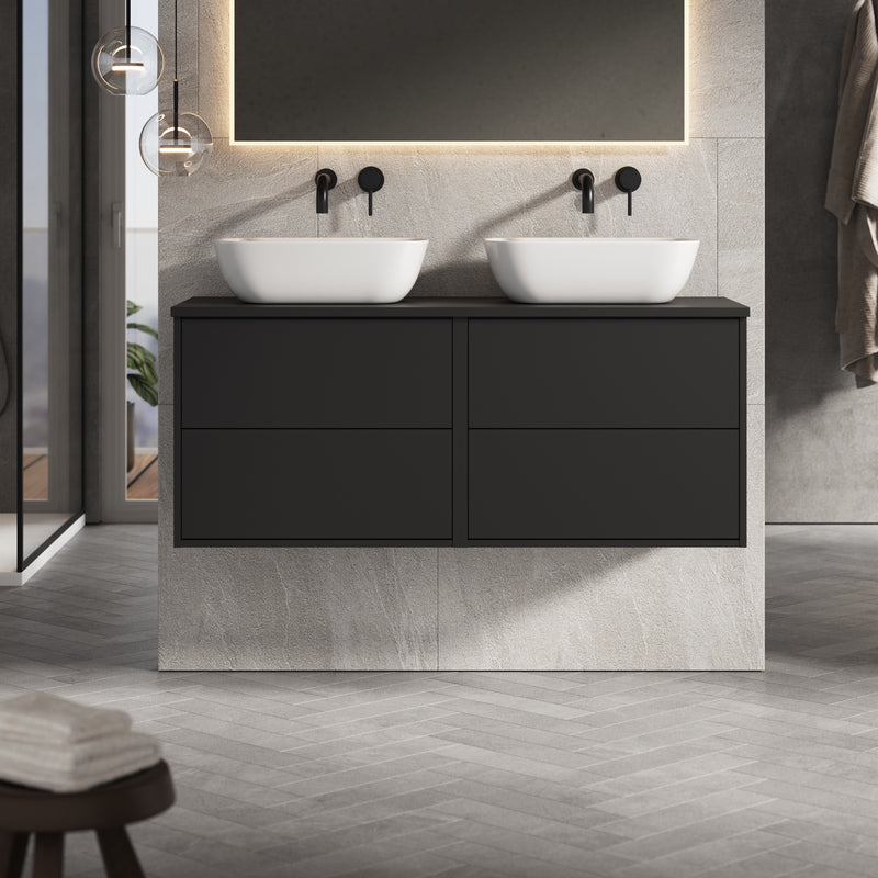 Banyetti Venti Wall Hung Vanity Unit with Matching Worktop - 1200mm Matt Black