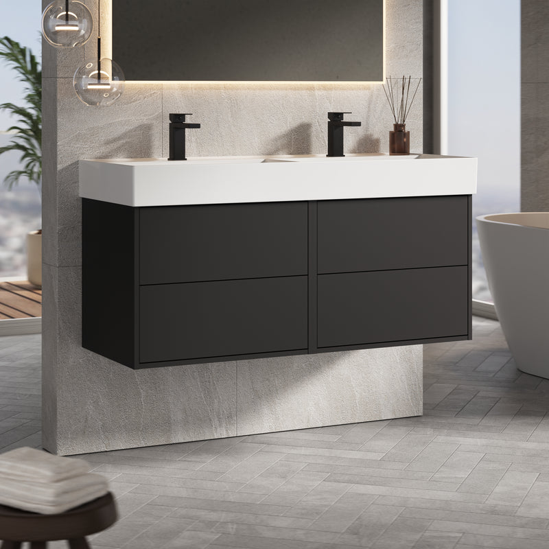 Banyetti Venti Wall Hung Vanity Unit with Veneto 2 Tap Hole Basin - 1200mm Matt Black