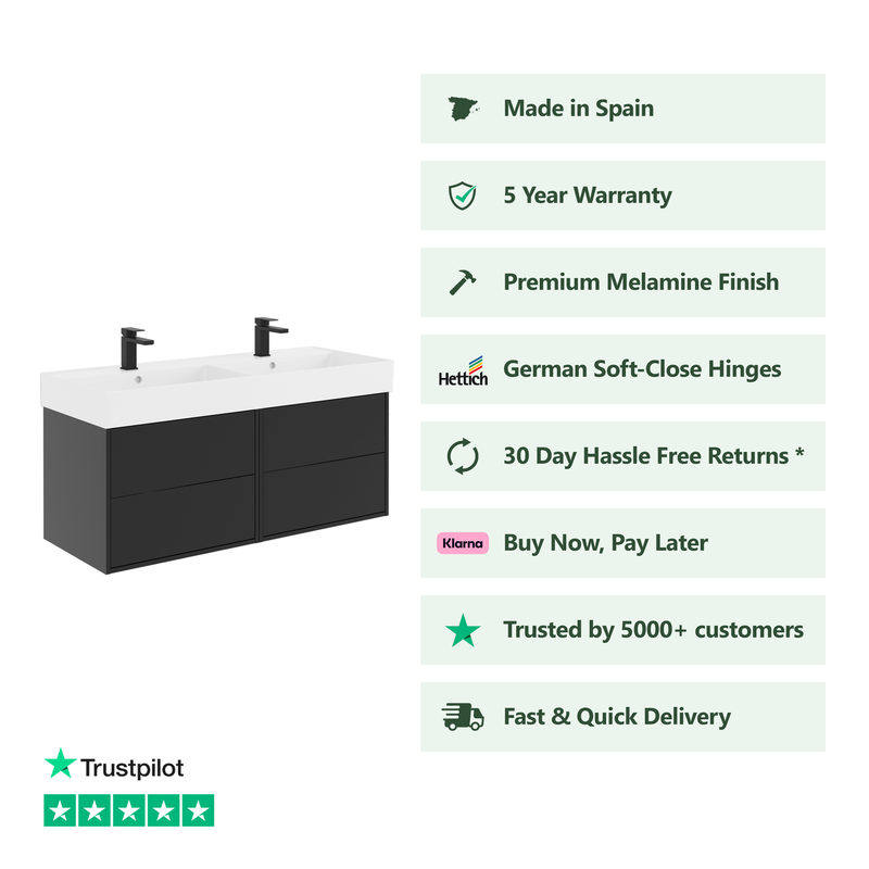 Banyetti Venti Wall Hung Vanity Unit with Veneto 2 Tap Hole Basin - 1200mm Matt Black