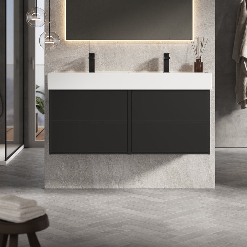 Banyetti Venti Wall Hung Vanity Unit with Veneto 2 Tap Hole Basin - 1200mm Matt Black