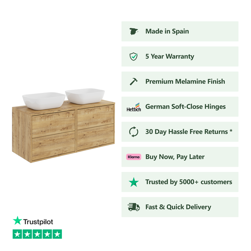 Banyetti Venti Wall Hung Vanity Unit with Matching Worktop - 1200mm Ostippo Oak