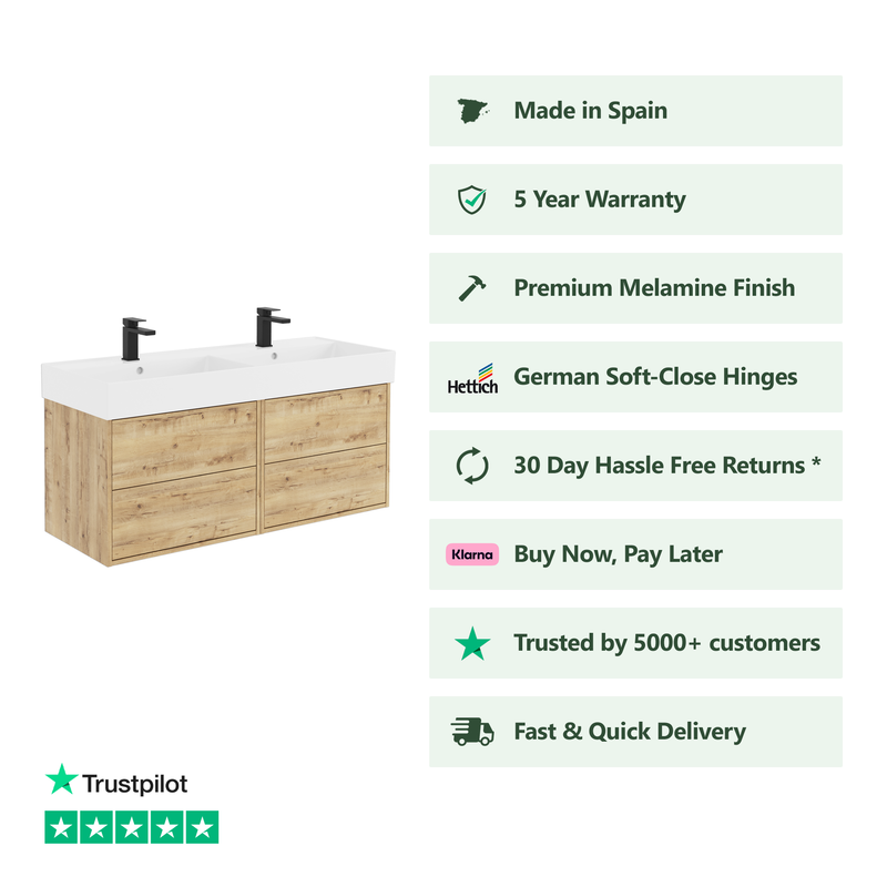 Banyetti Venti Wall Hung Vanity Unit with Veneto 2 Tap Hole Basin - 1200mm Ostippo Oak