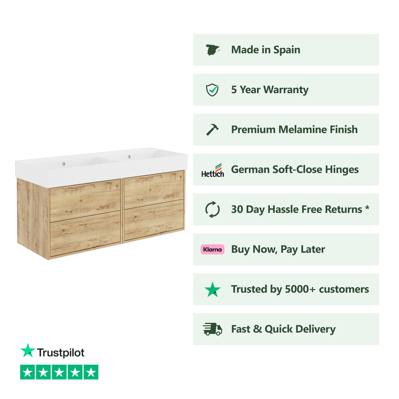 Banyetti Venti Wall Hung Vanity Unit with Veneto No Tap Hole Basin - 1200mm Ostippo Oak