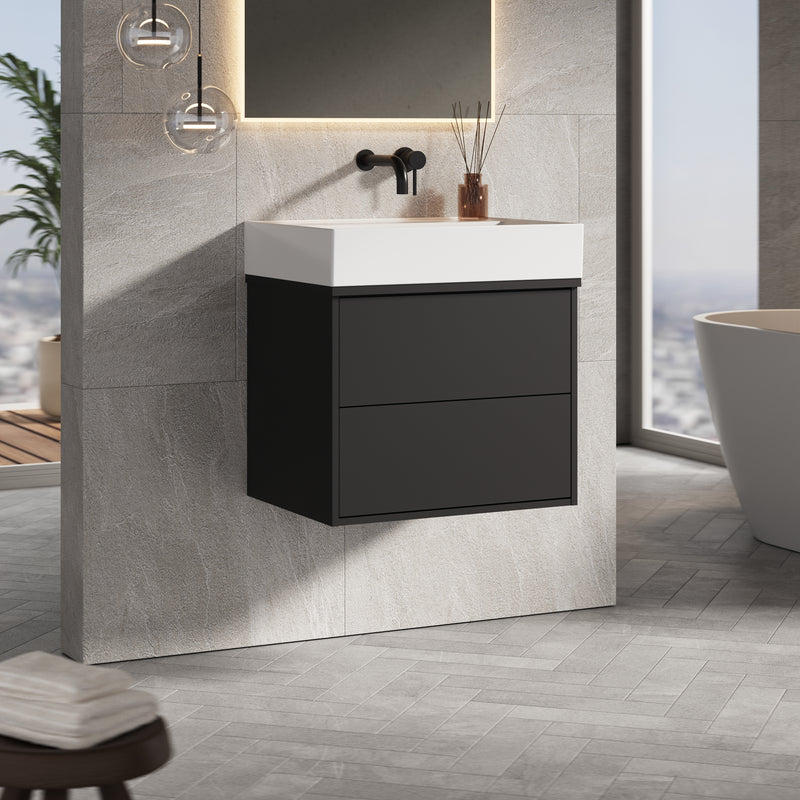 Banyetti Venti Wall Hung Vanity Unit with Veneto No Tap Hole Basin - 600mm Matt Black