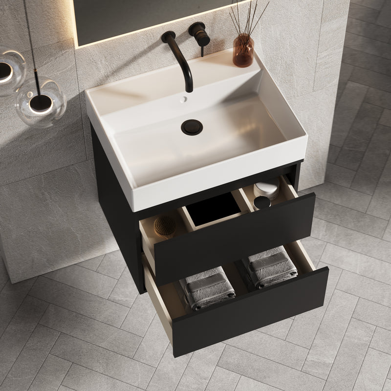 Banyetti Venti Wall Hung Vanity Unit with Veneto No Tap Hole Basin - 600mm Matt Black