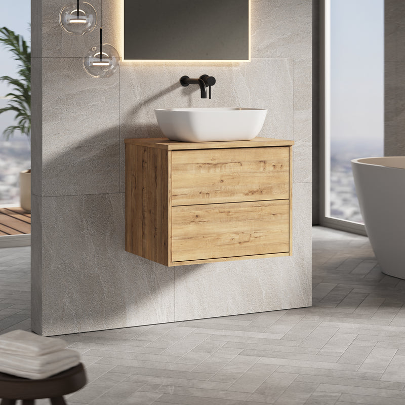 Banyetti Venti Wall Hung Vanity Unit with Matching Worktop - 600mm Ostippo Oak