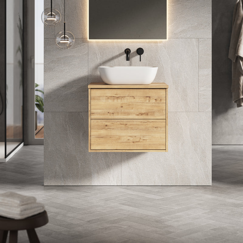Banyetti Venti Wall Hung Vanity Unit with Matching Worktop - 600mm Ostippo Oak