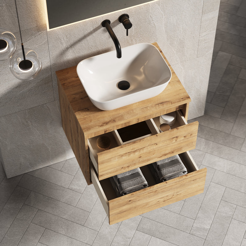 Banyetti Venti Wall Hung Vanity Unit with Matching Worktop - 600mm Ostippo Oak
