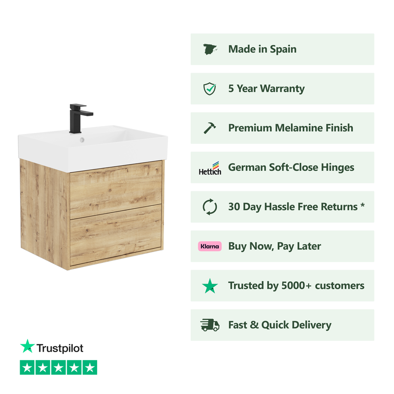 Banyetti Venti Wall Hung Vanity Unit with Veneto 1 Tap Hole Basin - 600mm Ostippo Oak