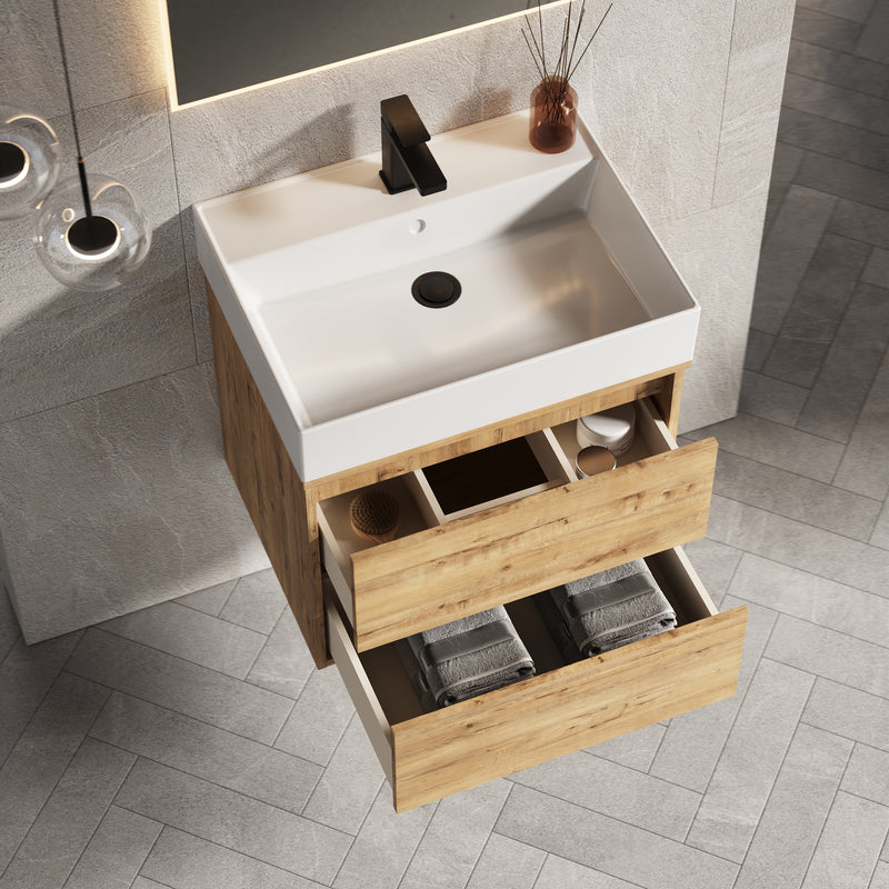 Banyetti Venti Wall Hung Vanity Unit with Veneto 1 Tap Hole Basin - 600mm Ostippo Oak