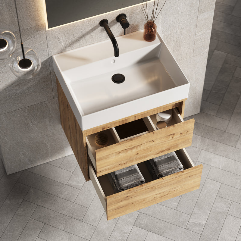 Banyetti Venti Wall Hung Vanity Unit with Veneto No Tap Hole Basin - 600mm Ostippo Oak