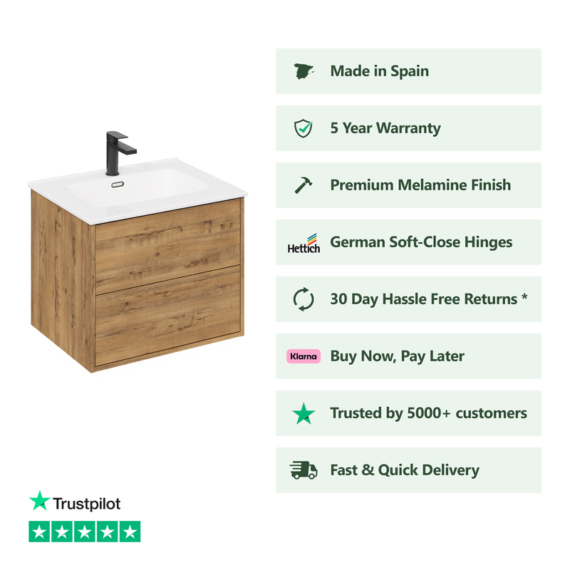 Banyetti Venti Wall Hung Vanity Unit with Athena Basin - 800mm Ostippo Oak