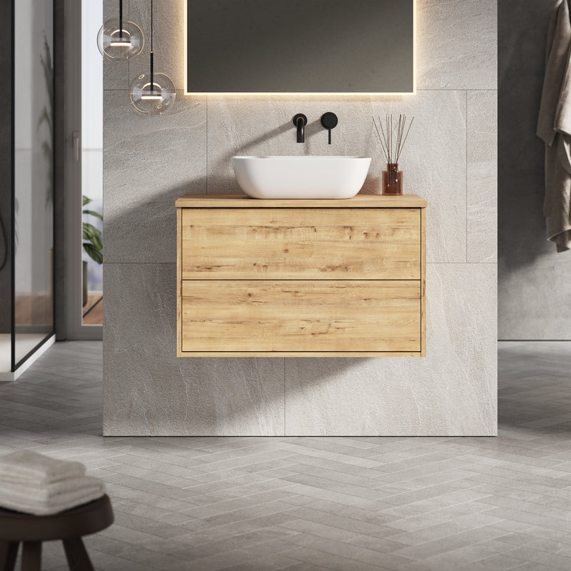 Banyetti Venti Wall Hung Vanity Unit with Matching Worktop - 800mm Ostippo Oak