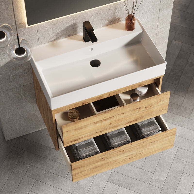 Banyetti Venti Wall Hung Vanity Unit with Veneto 1 Tap Hole Basin - 800mm Ostippo Oak