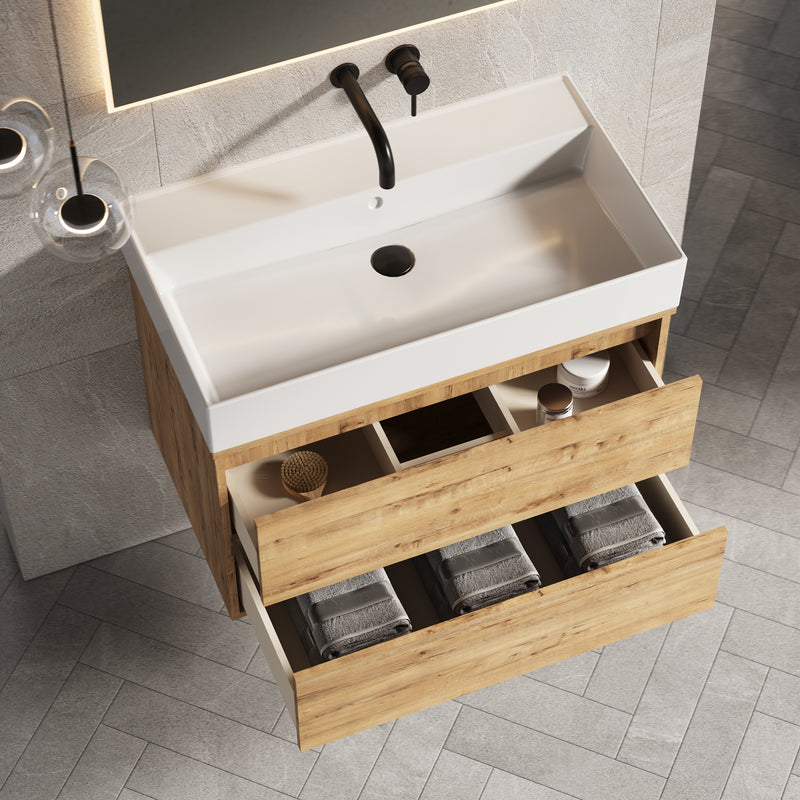 Banyetti Venti Wall Hung Vanity Unit with Veneto No Tap Hole Basin - 800mm Ostippo Oak