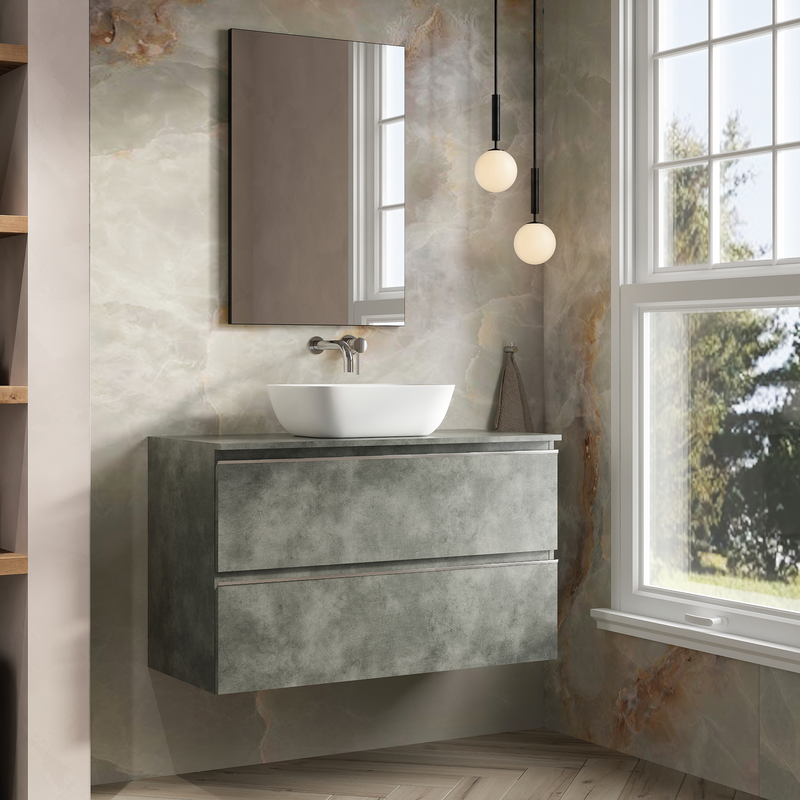 Banyetti Vatilla Wall Hung Vanity Unit with Matching Worktop - 1000mm Cemento Grey