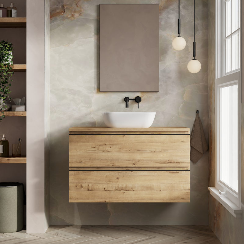 Banyetti Vatilla Wall Hung Vanity Unit with Matching Worktop - 1000mm Ostippo Oak