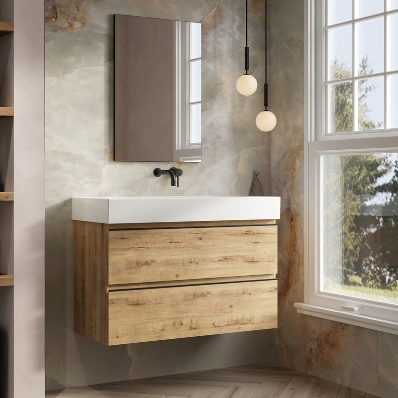Banyetti Vatilla Wall Hung Vanity Unit with Veneto No Tap Hole Basin - 1000mm Ostippo Oak