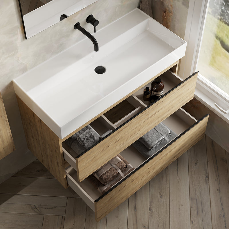 Banyetti Vatilla Wall Hung Vanity Unit with Veneto No Tap Hole Basin - 1000mm Ostippo Oak
