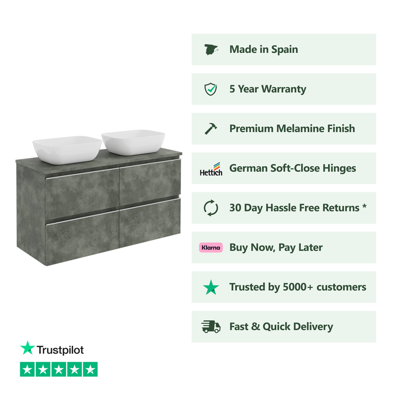 Banyetti Vatilla Wall Hung Vanity Unit with Matching Worktop - 1200mm Cemento Grey