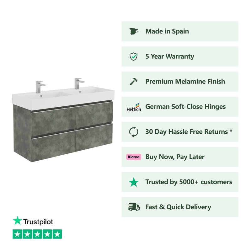 Banyetti Vatilla Wall Hung Vanity Unit with Veneto 2 Tap Hole Basin - 1200mm Cemento Grey