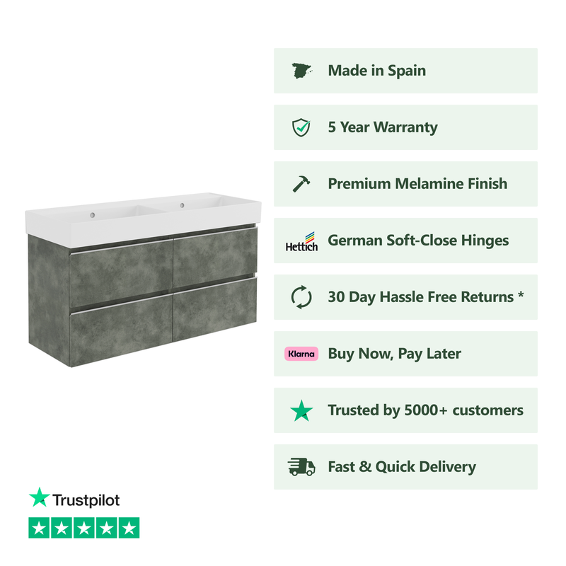 Banyetti Vatilla Wall Hung Vanity Unit with Veneto No Tap Hole Basin - 1200mm Cemento Grey