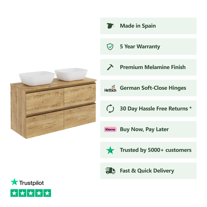 Banyetti Vatilla Wall Hung Vanity Unit with Matching Worktop - 1200mm Ostippo Oak